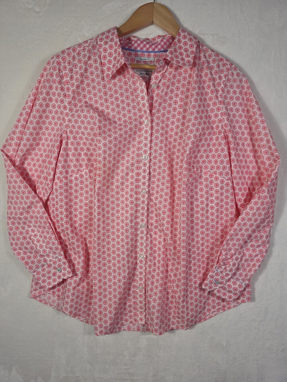 Vintage Charter Club Pink Floral Button Down Shirt Women 14W 100% Cotton - Picture 2 of 8